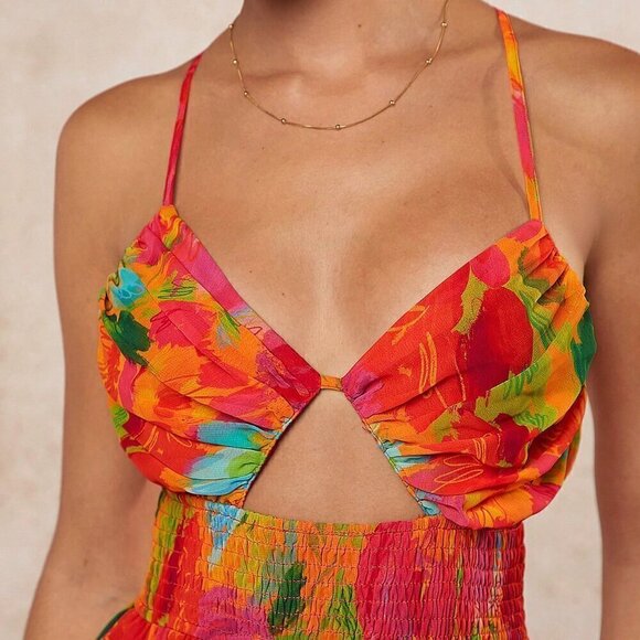 Multicolor Boho Women's Tropical Tiered Hem Backless Dress - Picture 4 of 5